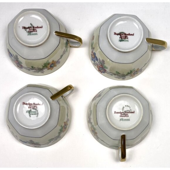 4x Theodore Haviland Limoges 1925-36 Miami Ivory Floral Porcelain TEACUP SAUCER - Picture 7 of 8